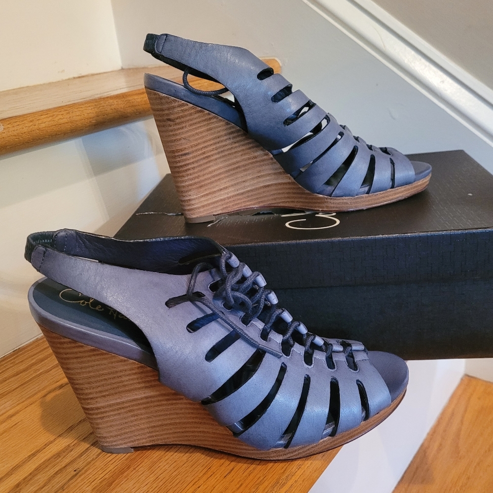 Cole Haan Women's Blue Leather Laceup Wedge Sandals